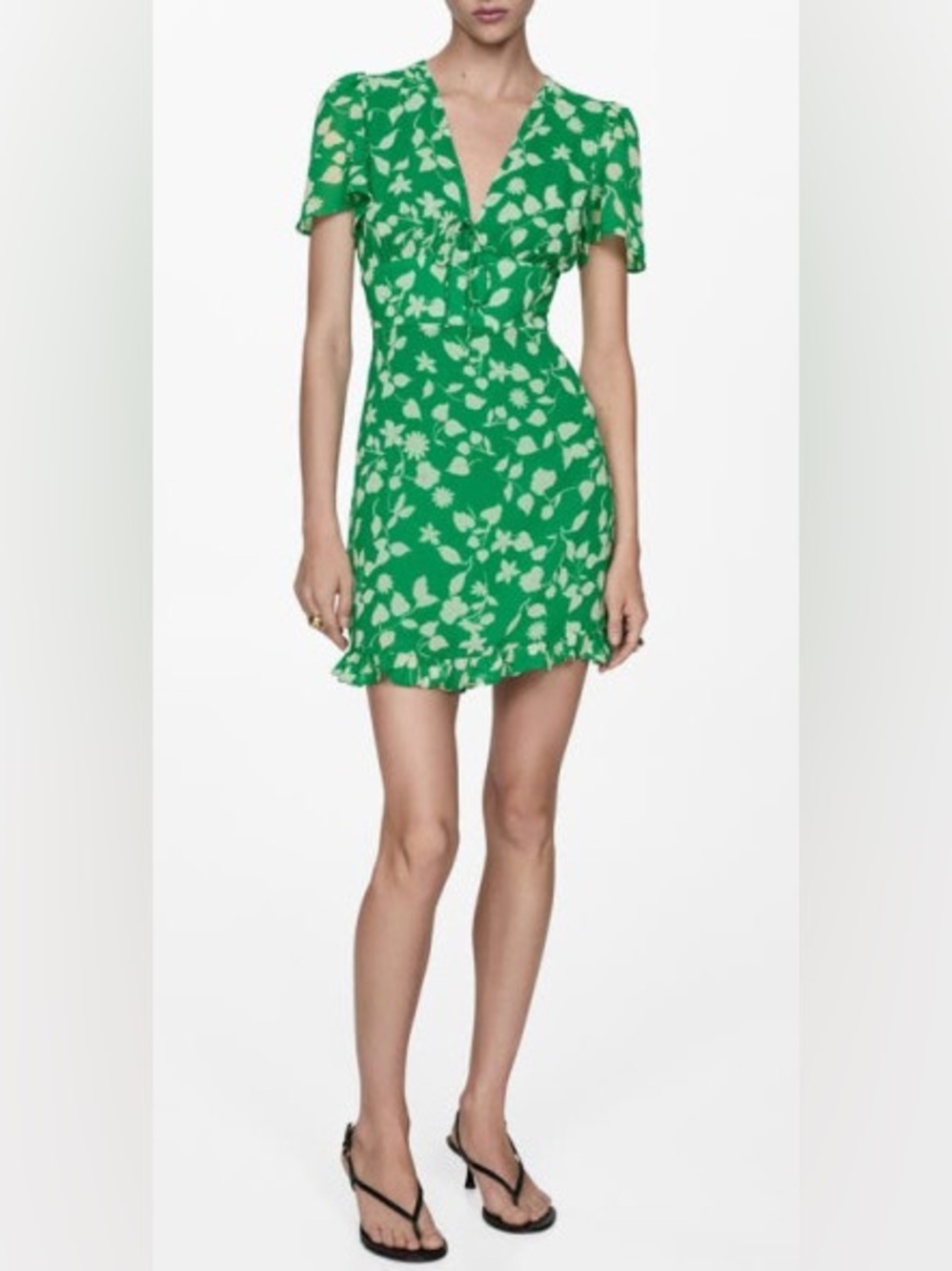 Mango green floral print short dress with a V-neckline and tie closure new nwt